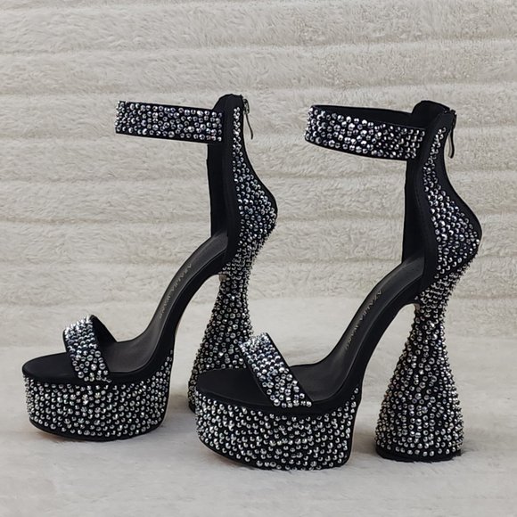 Black Satin & Silver Rhinestone Platform cylinder Heels YAR - Picture 5 of 9